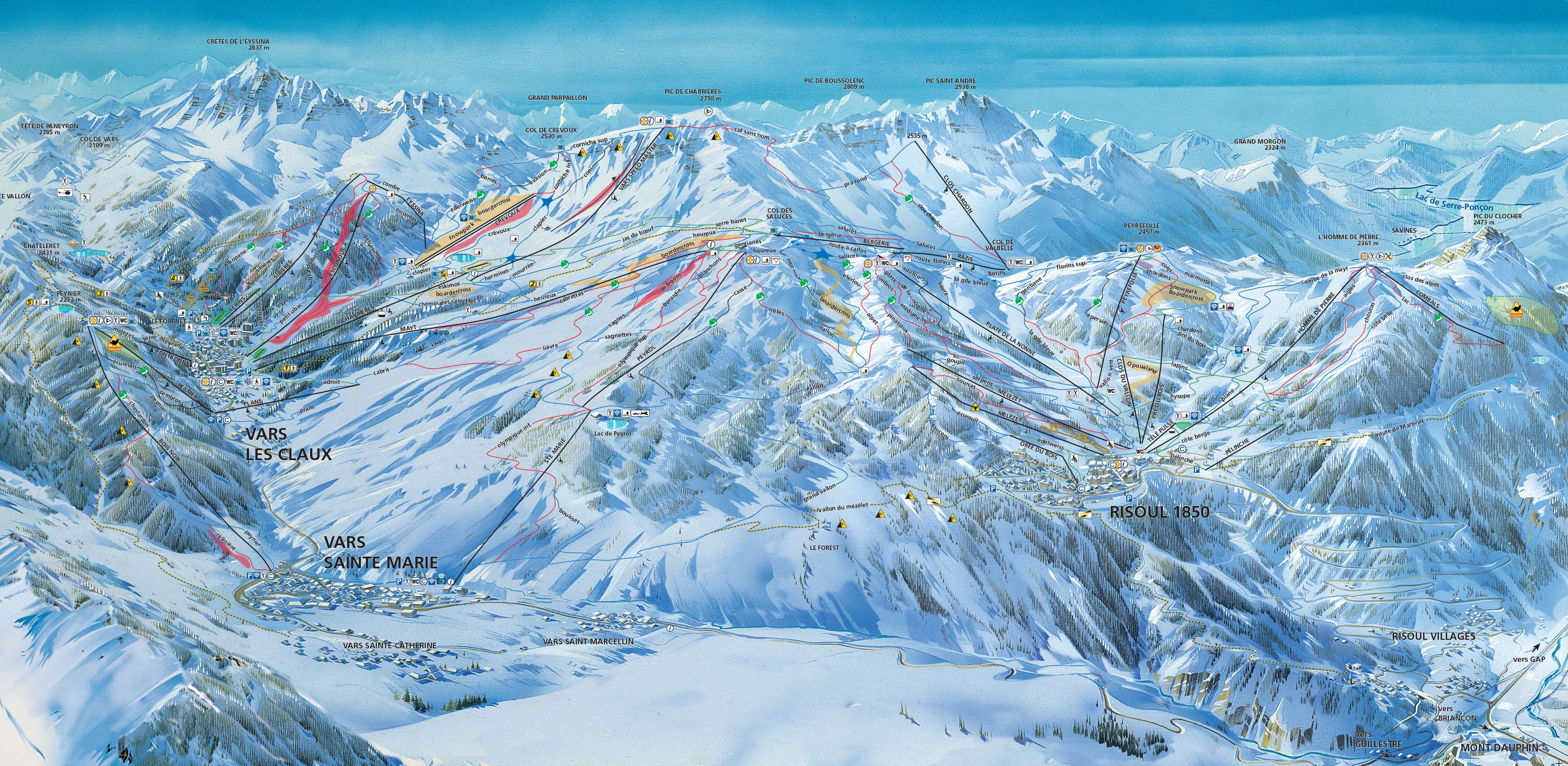 Plan des pistes du domaine La Forêt Blanche, Vars et Risoul